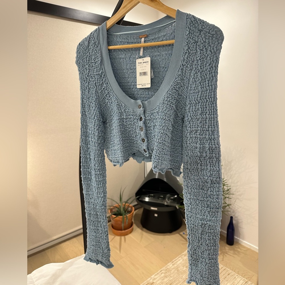 Free People Blue Buttoned Crop Long Sleeve Top
